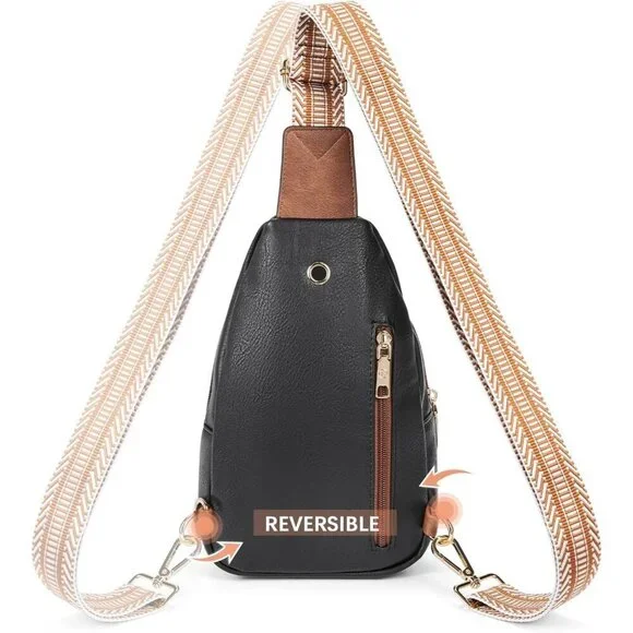 Women Black & Brown Imported PU Leather Small Crossbody Chest Sling Travel Bag - Picture 4 of 7